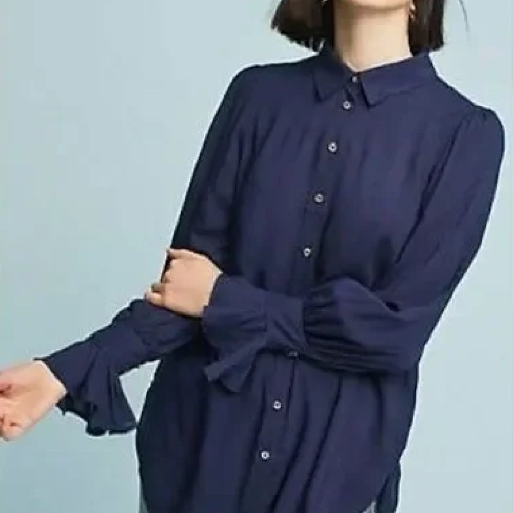 Anthropologie Maeve Silky Ruffle Cuff Button Down Shirt Top Navy Blue 14